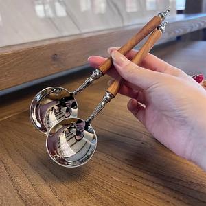 Cuillère à soupe et à nouilles en bois de rose vintage de style français, cuillère à riz séché en acier inoxydable, cuillère à aliments occidentaux, tendance - Product Image 2