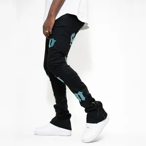 OEM Mens Custom Letter Patch Embroidery Pant Skinny Zipper Pants Trousers For Men