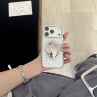 Coque de téléphone simple noire et blanche à pois avec bordure argentée, support fraise 3D en strass et colle goutte à goutte pour iPhone 17 Pro Max 17