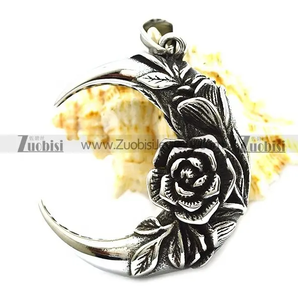 Fashion Trendy Exaggerated Crescent Shaped Personality Rose Flower Charm Retro Stainless Steel Pendant Jewelry