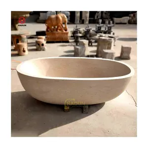 家用室内现代设计独立式手工雕刻浴缸米色大理石石头浴缸天然大理石浴缸