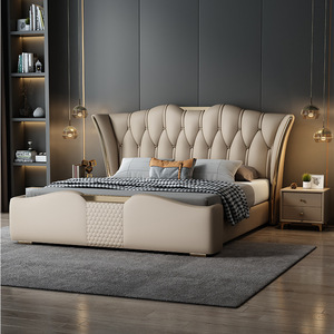 Muebles de dormitorio de lujo italianos para el hogar, venta al por mayor, camas modernas de <span class=keywords><strong>madera</strong></span> de metal dorado con <span class=keywords><strong>cabecero</strong></span> de cuero tamaño King y sábanas - Product Image 6