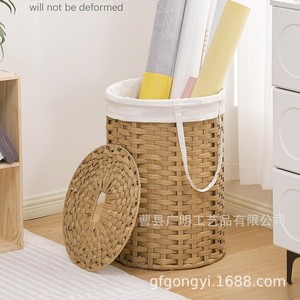 Panier de rangement rond en osier tressé à la main avec couvercle pour la lessive, la salle de bain, organisateur anti-poussière - Product Image 4