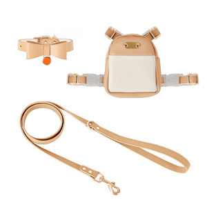 Kekang lucu dengan ransel kulit polos, Set kerah dan tali anjing peliharaan kecil aksesori berjalan - Product Image 6