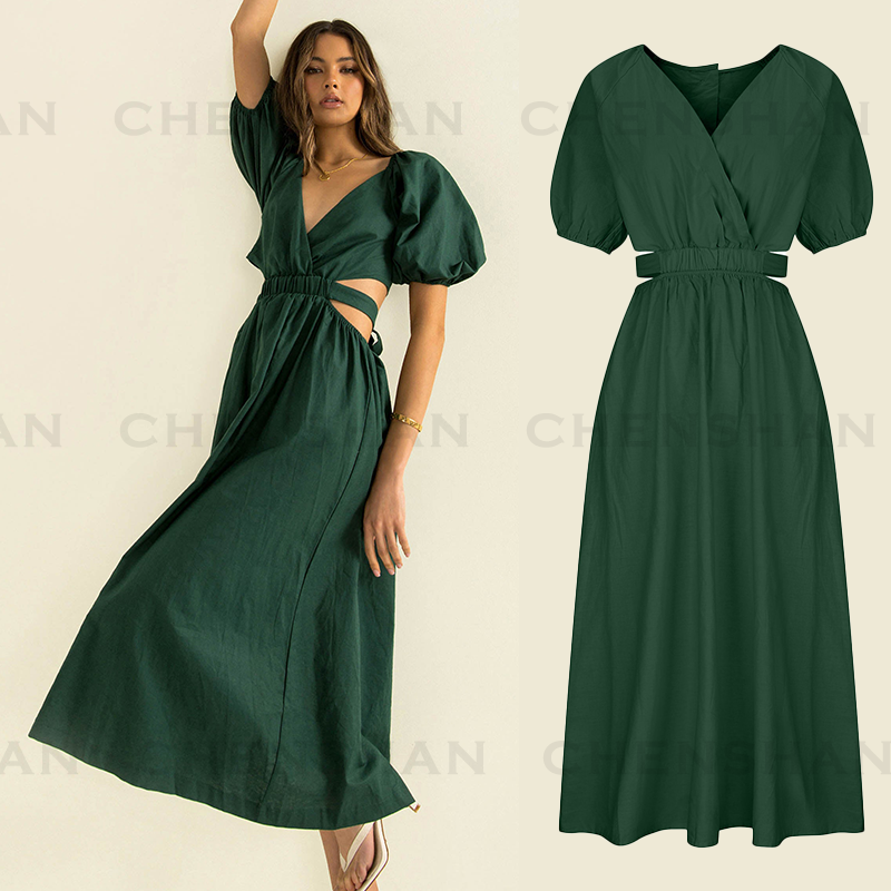 Fashion Holidays Solid Emerald Green Color Women 100% Linen Dress Customized High Quality Summer and Autumn Natural