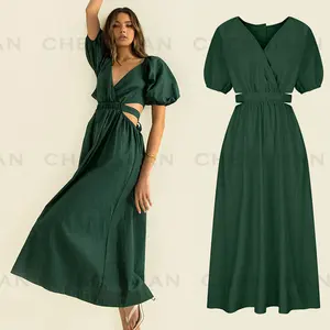 Holidays Solid Emerald Green Color Women 100% Linen Dress Fashion Natural Customized High Quality Summer and Autumn Knitted