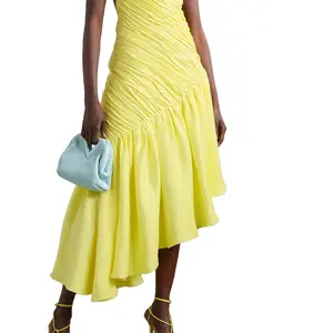 夏季开缝开背修身褶裥不对称褶边亚麻混纺优雅女性黄色连衣裙