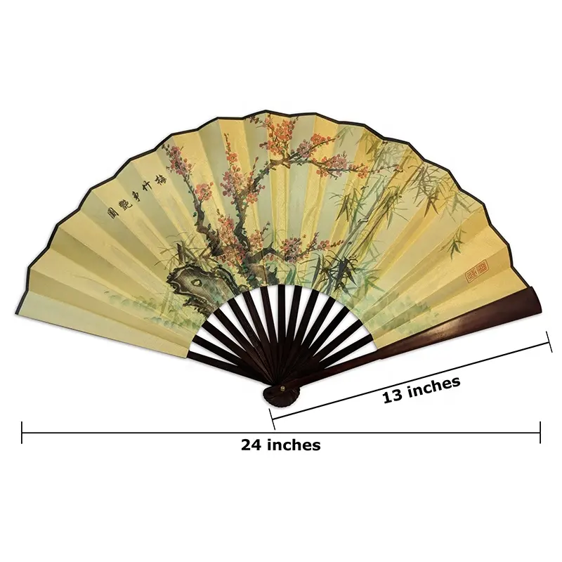 Tersedia 18 warna Cina/Jepang/Retro gaya tradisional 13 inci kipas tangan lipat besar kertas sutra kipas genggam bambu