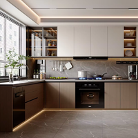 Ensemble d'armoires de cuisine modernes en forme de L, en bois grainé, armoires de cuisine modulaires avec comptoir en marbre et portes sans poignées