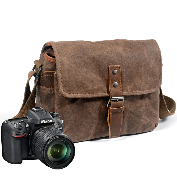Camera Sling Bag Waterproof Waxed Canvas Genuine Leather Travel Lens Tripod Digita Video DSLR Crossbody Shoulder Camera Bag