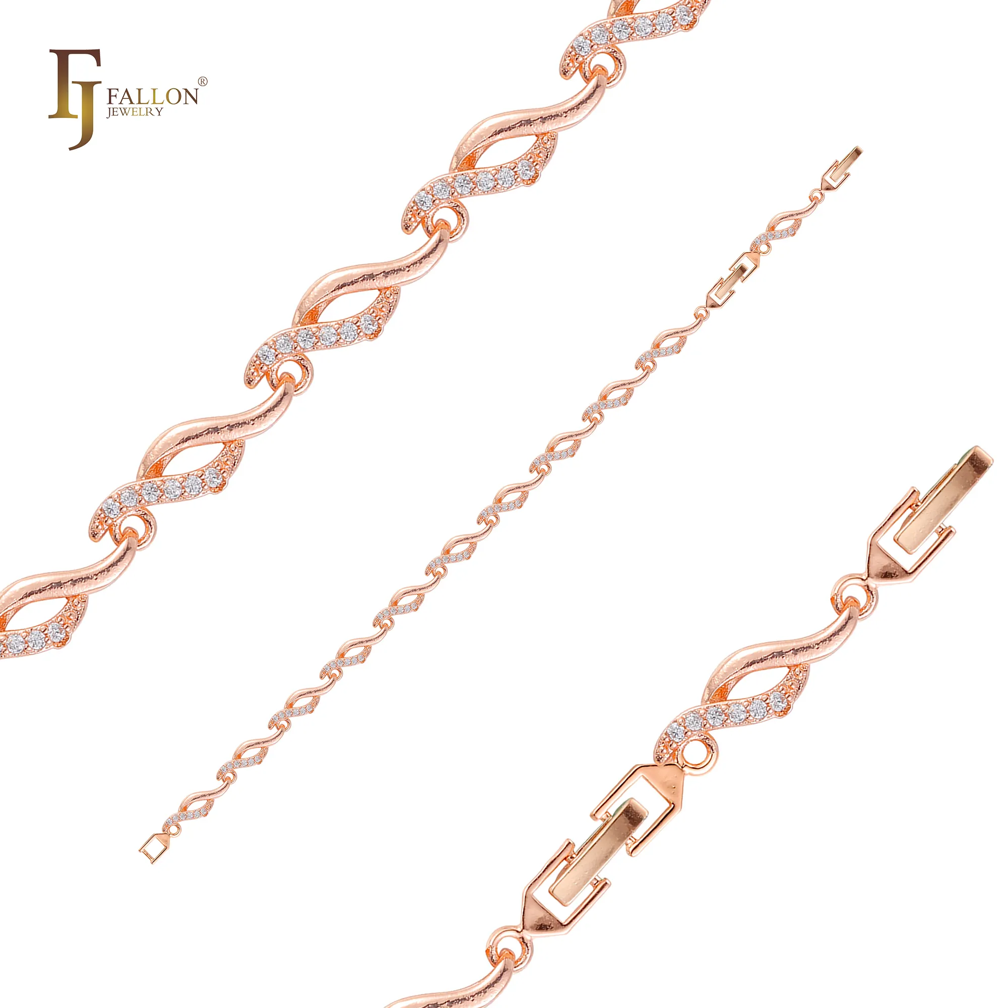 F85200218 FJ gioielli di moda Fallon doppio ritorto lastricato bianco cz link bracciali oro rosa placcato in ottone a base