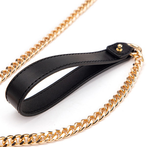 Adjustable Black Leather Dog <b>Collar</b> With Gold Chain <b>Leash</b> For Adult <b>Pets</b> Neck Brace Use - Product Image 5
