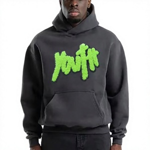 Sudadera con Capucha Gris Oscuro para Hombre, Estampado Verde Flock, Logotipo Juvenil, Estilo Casual Urbano, Corte Regular, Felpa de Algodón, Transpirable, Secado Rápido para Invierno - Product Image 1