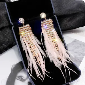 Free Sample Pink ostrich hair rhinestone feather earrings for women statement