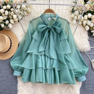 Blouses décontractées à manches longues et nœud à volants pour femmes, chemises à manches bouffantes, hauts doux pour dames, vêtements - Product Image 3
