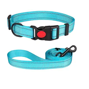 Fábrica Hot Sales Reflective Nylon Ajustável Dog Collar E Trela Com Fivela De Bloqueio De Segurança