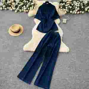 Ensembles Y2K pour femmes d'été, haut à col polo et pantalon en jean à taille élastique, vêtements en gros - Product Image 3