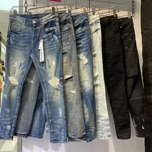 Venta al por mayor de calidad superior de color púrpura Pantalones vaqueros de la marca bordado High Street Designer slim fit personalizado de los hombres americanos Jeans de mezclilla