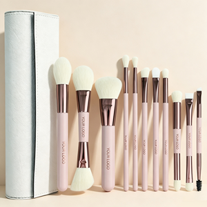 Ensemble de 11 pinceaux de maquillage roses à double extrémité avec virole dorée café pour le maquillage quotidien et professionnel - Product Image 3
