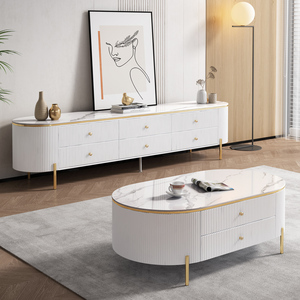 Set di Lusso con Porta TV e Tavolino in Legno con Top in Marmo, Stile Moderno di Alta Gamma per Soggiorno, Design Sospeso Colore Beige - Product Image 2