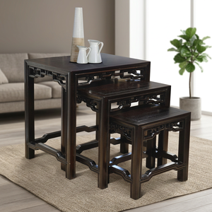 Serving <b>Table</b> <b>Set</b> of 3 Solid Teak Wood Chinese Style Adjustable Living Room Furniture Hand Made - Product Image 3
