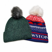 Bonnet tricoté sur mesure Highfly 100 % acrylique style urbain, avec revers côtelé et pompon, pour l'hiver, marque privée, motif dessin animé et lettres