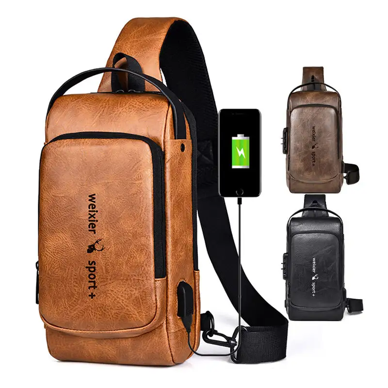 2023 new style letter Usb Crossbody Sling Bags Waterproof Anti Theft Password Lock leather chest bag for men