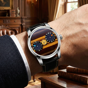 Montre mécanique à heure sauteuse personnalisée OEM avec logo de marque discret, cadran unique en pierre œil-de-tigre, boîtier en acier inoxydable 316L - Product Image 2