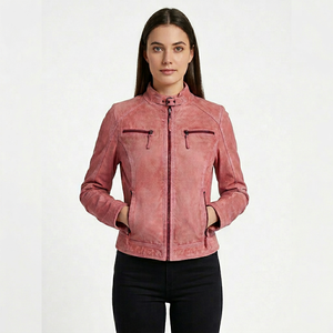 Wholesale Women Coral <b>Pink</b> <b>Tweed</b> Varsity <b>Jacket</b> Vintage Acid Wash Eco-Friendly Windproof Custom Stand Collar Multi Zip Outerwear - Product Image 1