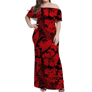Aloha Hawaii gaun panjang bahu terbuka musim panas bunga MOQ rendah gaun wanita seksi elegan motif sesuai pesanan rok malam pesta wanita