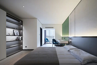 Aménagement intérieur personnalisé de chambre d'hôtel, plan d'étage 2D en CAO, rendu 3D, visualisation de la décoration
