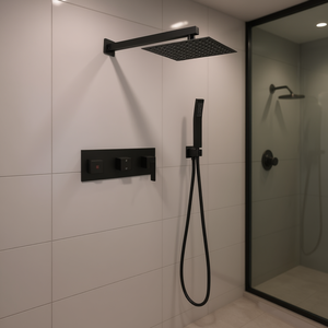 Ensemble de douche mural noir mat 10 pouces avec pommeau de pluie et douchette à main, système de robinetterie de salle de bain design de luxe - Product Image 2