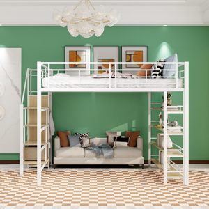<span class=keywords><strong>Lit</strong></span> <span class=keywords><strong>mezzanine</strong></span> moderne DNF pour enfants 140x200cm, taille Twin XL, structure métallique, escalier de sécurité, tiroirs de rangement, placard, blanc - Product Image 3