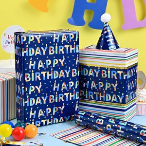 Blue Birthday Wrapping Paper 17 Inch X 16.5 Ft Reversible Metallic Foil Striped Pattern For Gift <b>Wrap</b> - Product Image 4