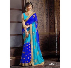 Sari de algodón para fiesta con blusa de diseñador, bordado indio de Bollywood, color turquesa, lavable a máquina, prenda étnica Evergreen - Product Image 4