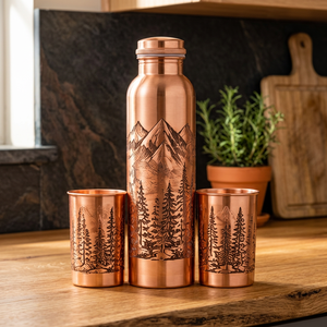 Juego de Botella de Agua de Cobre Artesanal con Tapa y Dos Tazas, Diseño Grabado de Montaña y Bosque, Termo para Camping - Product Image 1