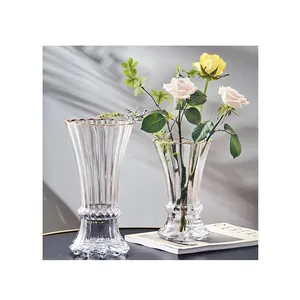 Tall Geblazen Unieke Tafel Clear Gouden Mond Glazen Vazen Met Verticale Lijnen Voor Bloemen