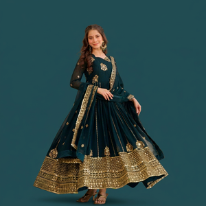 Robe Anarkali longue avec broderies riches et travail Zari, dupatta, tenue ethnique indienne traditionnelle - Product Image 1