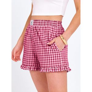 FOXA Women's <b>Gingham</b> Plaid Boxer Shorts Elastic Waist Ruffle Summer Sleepwear Pajama Lounge Bottoms - Product Image 3