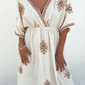 Robe en lin et coton tendance, décontractée, col en V, dentelle, manches courtes, mi-longue, robe d'été pour femmes - Product Image 3