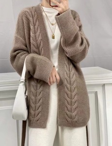 Cárdigan de lana 100% grueso de siete agujas para <span class=keywords><strong>mujer</strong></span> de estilo perezoso suelto sin botones de longitud media personalizado chaqueta de suéter LARGO DE Cachemira - Product Image 4