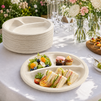 Assiettes jetables rondes en bagasse de canne à sucre à 3 compartiments de 9 pouces pour la restauration et les fêtes - Vente en gros