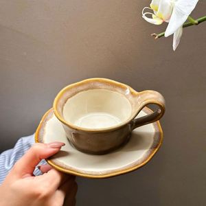 Tasse et soucoupe à café artisanales effet four, tasse en poterie rustique vintage, tasse à thé de l'après-midi pour le bureau et la maison, tasse de petit-déjeuner pour restaurant - Product Image 1