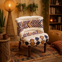 Großhandel Boho Akzentstuhl mit Hocker, Kantha Patchwork Sessel, Einzelsofa-Set, Wohnzimmermöbel mit Holzbeinen, OEM