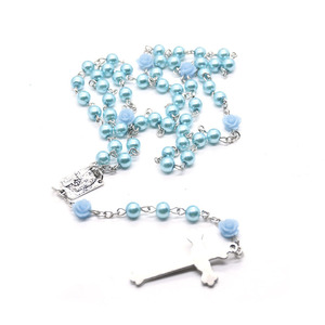 2021 nuova medaglia croce crocifisso tono argento rosari azzurro perla fiore perline <span class=keywords><strong>rosario</strong></span> collana cattolica - Product Image 4