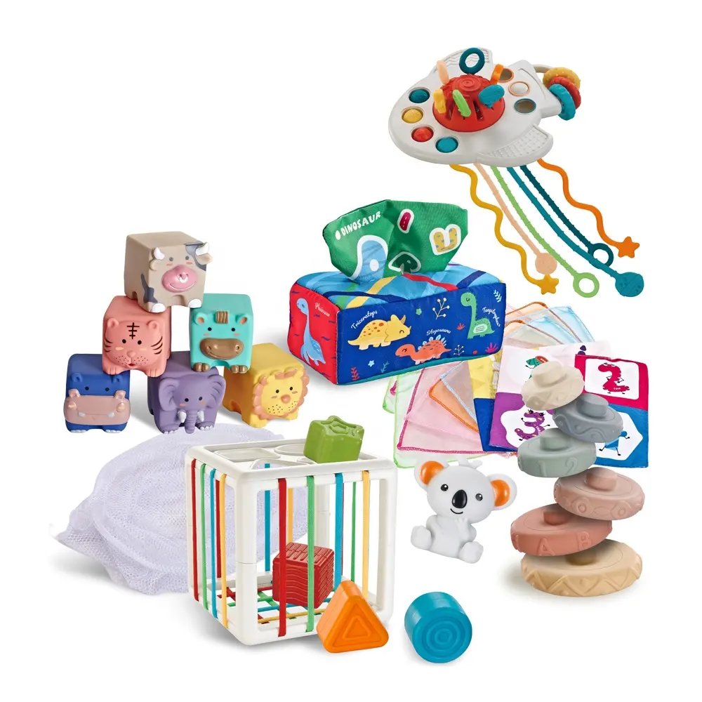6 in 1 set di giocattoli Montessori per bambini in gomma morbida che impilano blocchi e anelli tirare le corde massaggiagengive scatola di tessuto
