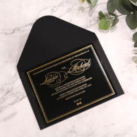 Carte d'invitation de mariage créative en acrylique noir avec décoration de ruban et étiquette et cartes de menu personnalisées en or rose