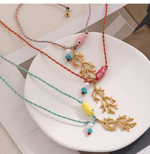 Bohemian Style Waterproof Stainless Steel Bead and <strong>Ceramics</strong> Fish Blue Colored Rope Necklace with Trendy <strong>Jellyfish</strong> Pendant - Product Image 6