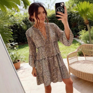 Robe d'été ample à imprimé léopard, col en V, manches longues, à volants, pour femme, grande taille, tenue décontractée - Product Image 2