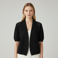 FNJIA Cardigan en tricot personnalisé pour femme, col en V, broderie en coton, motif uni, pour femme de bureau